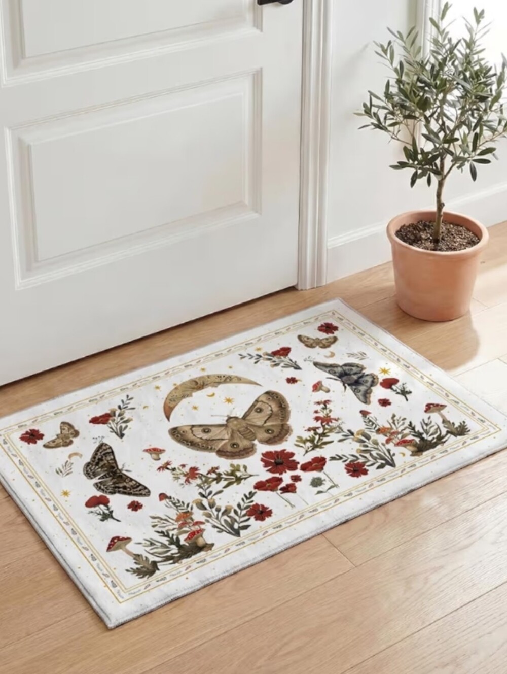NWT 2'x3' Poppy Mushroom Moth Bath Mat Door Mat Non-Slip In White/Burgundy